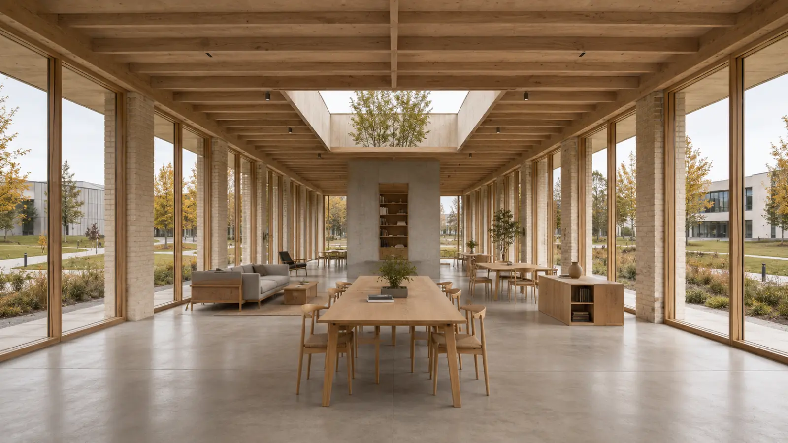 Open-plan podlaží za proskleným pláštěm